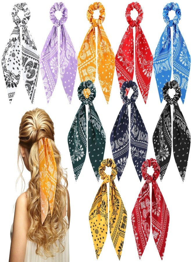 Chuangdi 10 Pcs Hair Scrunchies Hair Scarf with Ribbon Bunny Ears Chiffon Floral Bow Ponytail Holder Boho Elastic Floral Ropes 2 in 1 Vintage Accessories for Women(Paisley) - Image 1